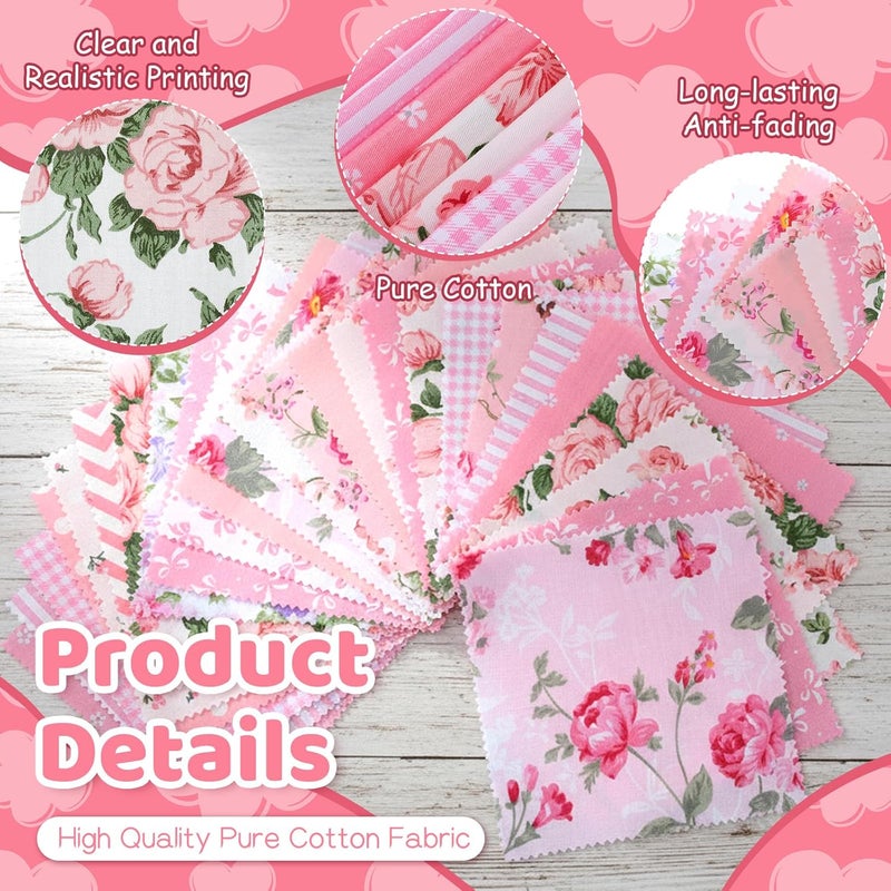 Exclaith 84 Pcs Pink Charm Packs for Quiltings, 100% Cotton Quilting Fabric Bundles, 5 x 5-Inch Charm Squares Precut Quilting Fabrics, Cotton Fabric Squares for Sewing Project, Patchwork, DIY Crafts, Pink - Image 3
